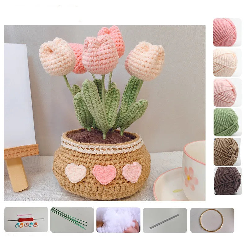 Knitting Tulip Daisy Potted Bouquet Material Package