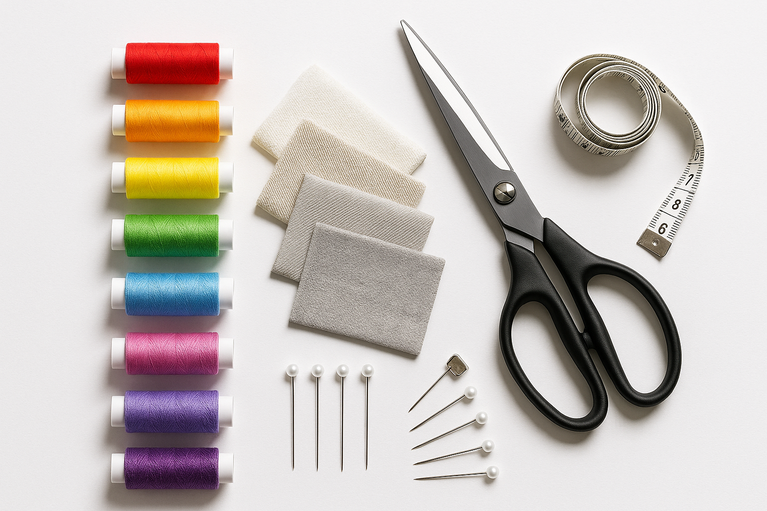 clean white background with sewing tools neatly arranged — thread, scissors, fabric, pins.)